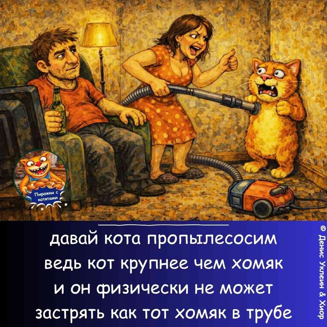 Пирожки с котятами давай кота пропылесосим ведь кот крупнее чем хомяк и он физически не может застрять как тот хомяк в трубе