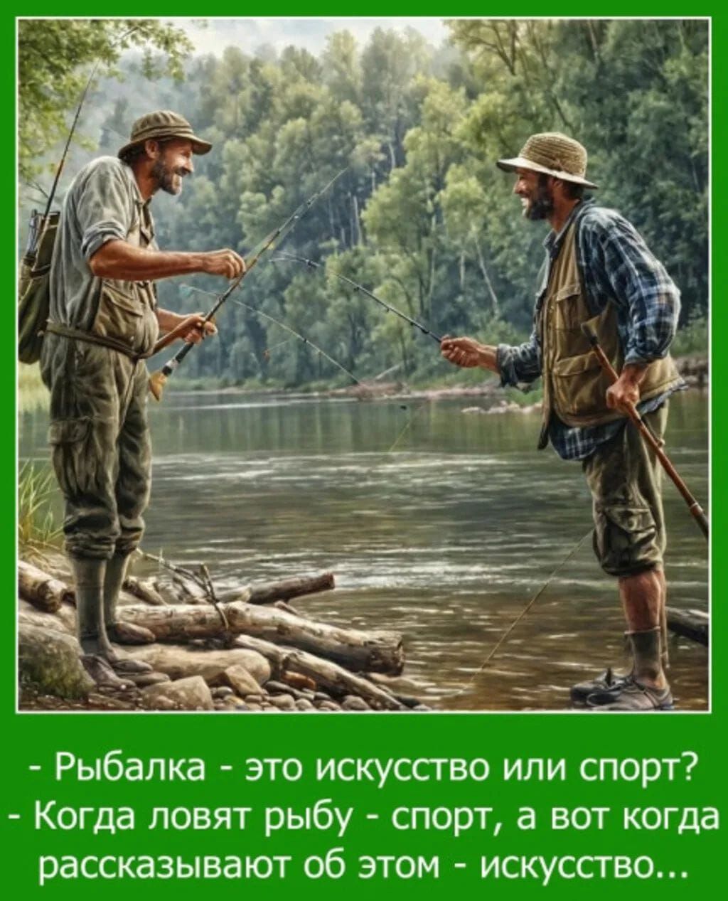 - Рыбалка - это искусство или спорт?
- Когда ловят рыбу - спорт, а вот когда рассказывают об этом - искусство...