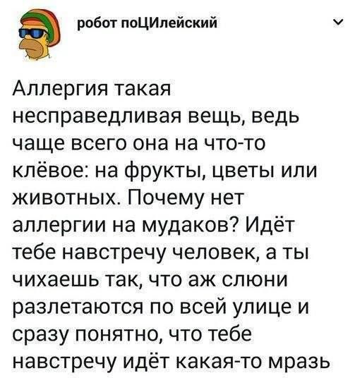 Аллергия такая несправедливая вещь, ведь чаще всего она на что-то клёвое: на фрукты, цветы или животных. Почему нет аллергии на мудаков? Идёт тебе навстречу человек, а ты чихаешь так, что аж слюни разлетаются по всей улице и сразу понятно, что тебе навстречу идёт какая-то мразь