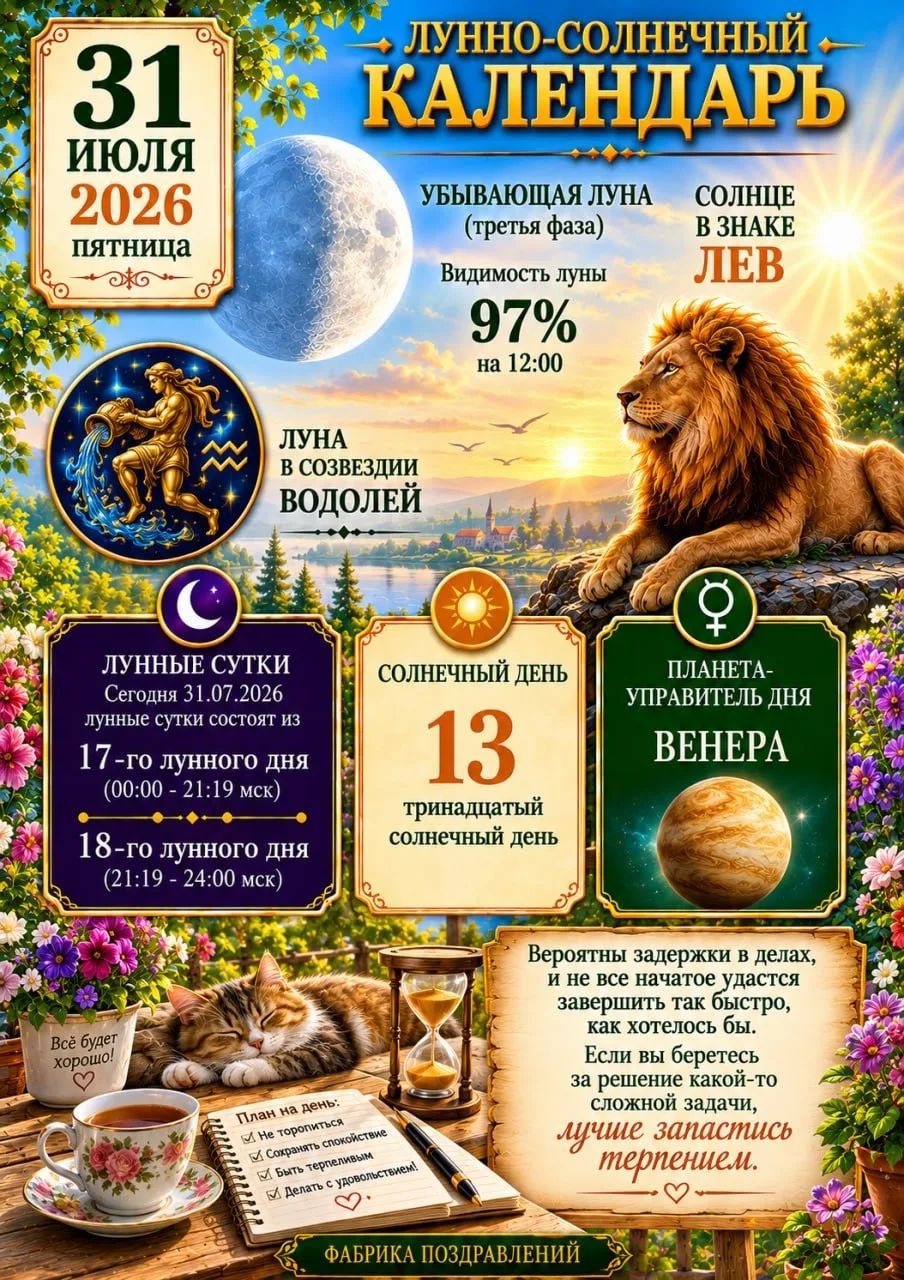 ЛУННО-СОЛНЕЧНЫЙ КАЛЕНДАРЬ 31 ИЮЛЯ 2026 пятница УБЫВАЮЩАЯ ЛУНА (третья фаза) СОЛНЦЕ В ЗНАКЕ ЛЕВ Видимость луны 97% на 12:00 ЛУНА В СОЗВЕЗДИИ ВОДОЛЕЙ ЛУННЫЕ СУТКИ Сегодня 31.07.2026 лунные сутки состоят из 17-го лунного дня (00:00 - 21:19 мск) 18-го лунного дня (21:19 - 24:00 мск) СОЛНЕЧНЫЙ ДЕНЬ 13 тринадцатый солнечный день ПЛАНЕТА-УПРАВИТЕЛЬ ДНЯ