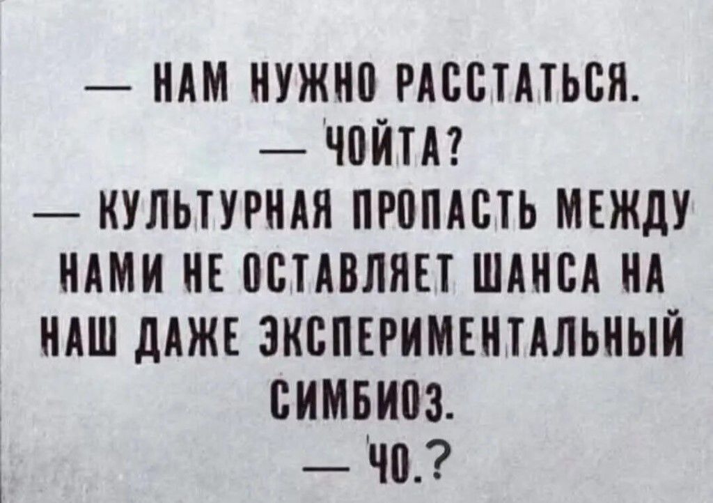 — НАМ НУЖНО РАССТАТЬСЯ.
— ЧОЙТА?
— КУЛЬТУРНАЯ ПРОПАСТЬ МЕЖДУ НАМИ НЕ ОСТАВЛЯЕТ ШАНСА НА НАШ ДАЖЕ ЭКСПЕРИМЕНТАЛЬНЫЙ СИМБИОЗ.
— ЧО.?