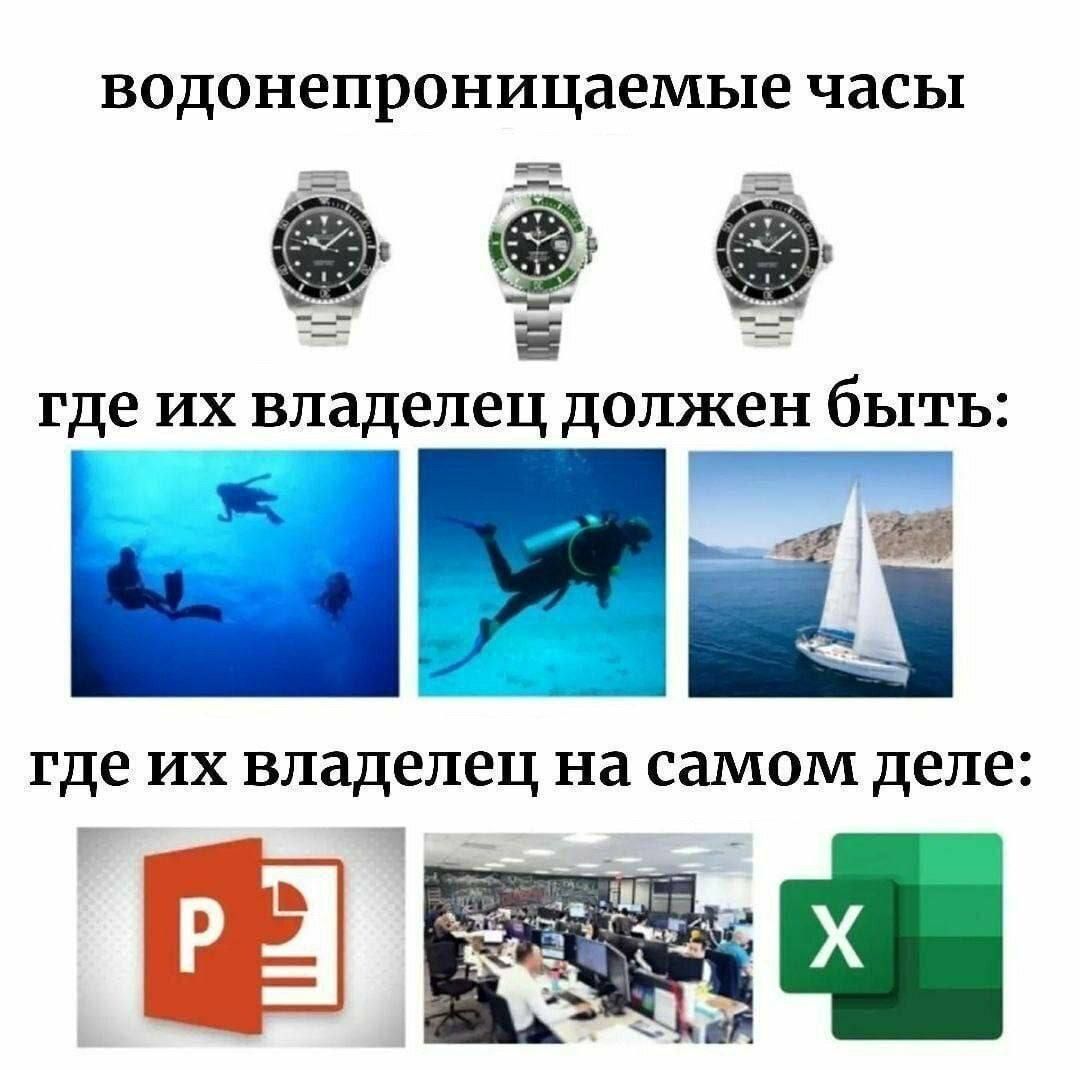 водонепроницаемые часы где их владелец должен быть: [изображения дайвинга и яхты] где их владелец на самом деле: [изображения PowerPoint, офиса и Excel]