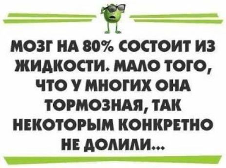 МОЗГ НА 80% СОСТОИТ ИЗ ЖИДКОСТИ. МАЛО ТОГО, ЧТО У МНОГИХ ОНА ТОРМОЗНАЯ, ТАК НЕКОТОРЫМ КОНКРЕТНО НЕ ДОЛИЛИ...