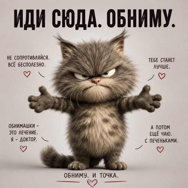 ИДИ СЮДА. ОБНИМУ. НЕ СОПРОТИВЛЯЙСЯ. ВСЁ БЕСПОЛЕЗНО. ТЕБЕ СТАНЕТ ЛУЧШЕ. ОБНИМАШКИ - ЭТО ЛЕЧЕНИЕ. Я - ДОКТОР. А ПОТОМ ЕЩЁ ЧАЮ. С ПЕЧЕНЬКАМИ. ОБНИМУ. И ТОЧКА.