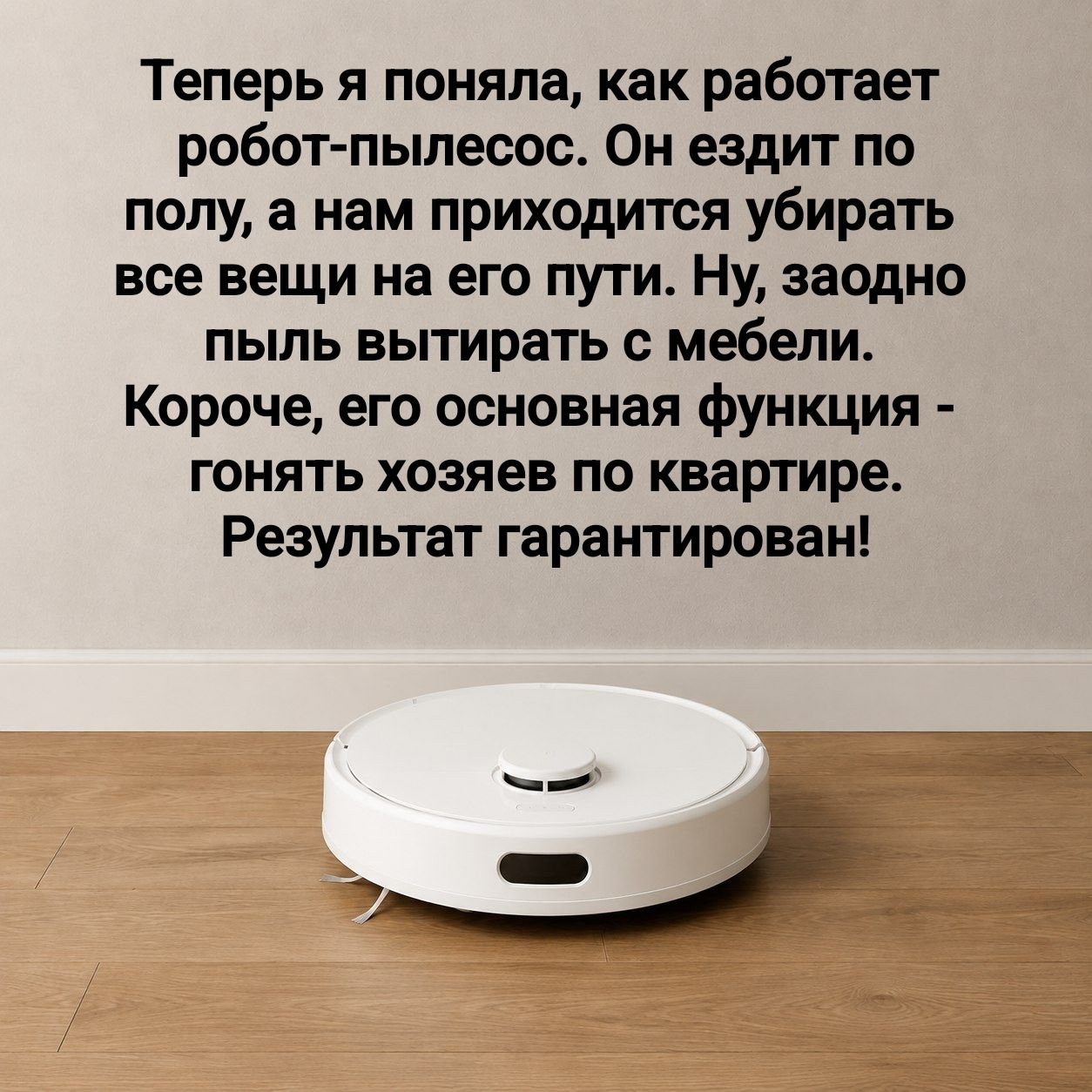 Теперь я поняла, как работает робот-пылесос. Он ездит по полу, а нам приходится убирать все вещи на его пути. Ну, заодно пыль вытирать с мебели. Короче, его основная функция - гонять хозяев по квартире. Результат гарантирован!