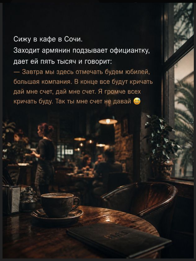 Сижу в кафе в Сочи. Заходит армянин подзывает официантку, дает ей пять тысяч и говорит: — Завтра мы здесь отмечать будем юбилей, большая компания. В конце все будут кричать дай мне счет, дай мне счет. Я громче всех кричать буду. Так ты мне счет не давай 😅