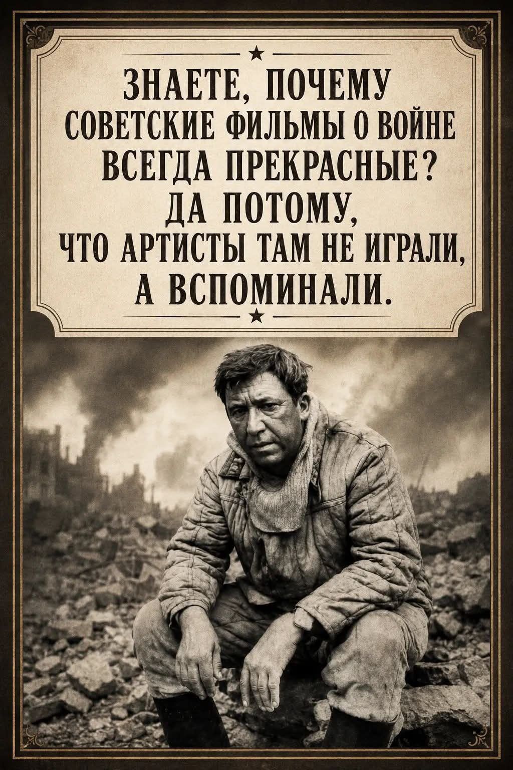 Знаете, почему советские фильмы о войне всегда прекрасные? Да потому, что артисты там не играли, а вспоминали.