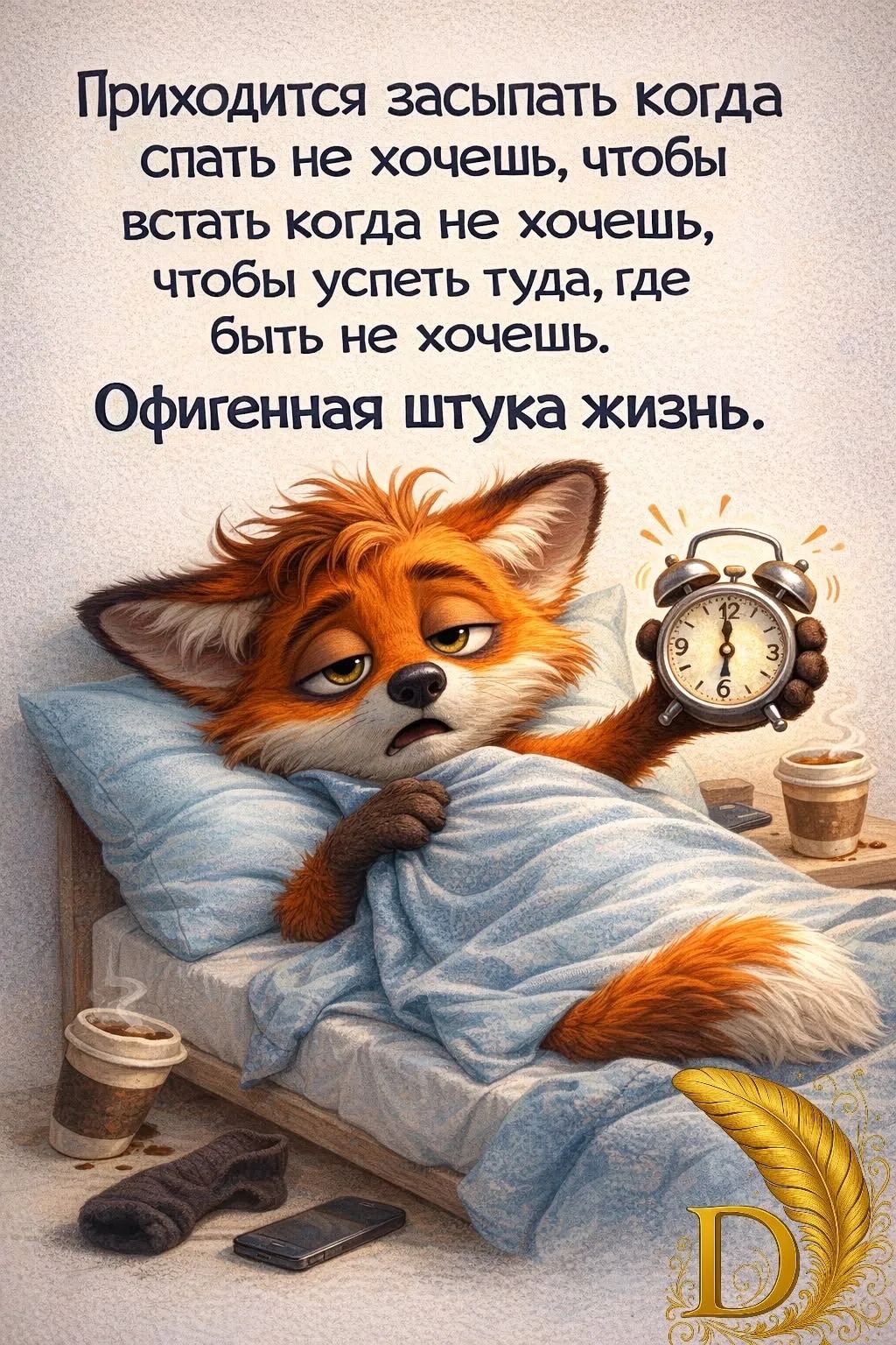 Приходится засыпать когда спать не хочешь, чтобы встать когда не хочешь, чтобы успеть туда, где быть не хочешь. Офигенная штука жизнь.