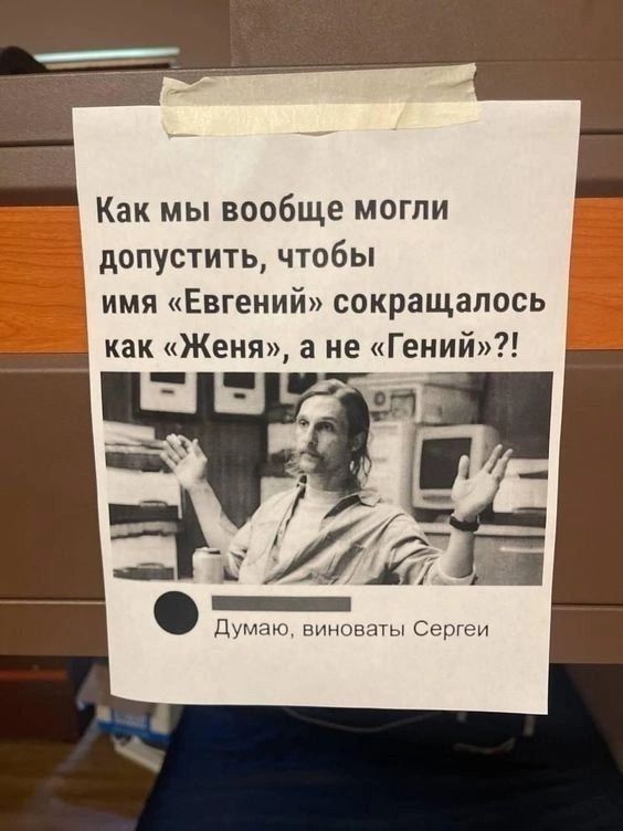 Как мы вообще могли допустить, чтобы имя «Евгений» сокращалось как «Женя», а не «Гений»?! Думаю, виноваты Сергеи