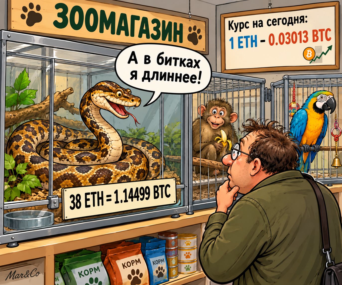 ЗООВИМАГАЗИН Курс на сегодня: 1 ETH - 0.03013 BTC А в битках я длиннее! 38 ETH = 1.14499 BTC KOPM