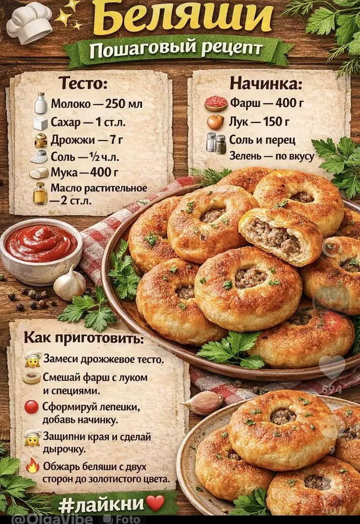 Беляши Пошаговый рецепт Тесто: Молоко—250 мл Сахар—1 ст.л. Дрожжи—7 г Соль—½ ч.л. Мука—400 г Масло растительное—2 ст.л. Начинка: Фарш—400 г Лук—150 г Соль и перец Зелень—по вкусу Как приготовить: Замеси дрожжевое тесто. Смешай фарш с луком и специями. Сформируй лепешки, добавь начинку. Защипни края и сделай дырочку. Обжарь беляши с двух сторон до