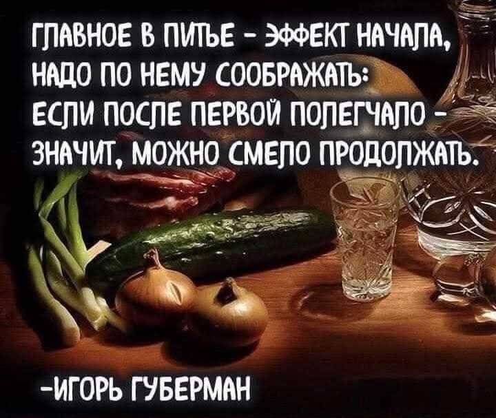ГЛАВНОЕ В ПИТЬЕ - ЭФФЕКТ НАЧАЛА, НАДО ПО НЕМУ СООБРАЖАТЬ: ЕСЛИ ПОСЛЕ ПЕРВОЙ ПОЛЕГЧАЛО - ЗНАЧИТ, МОЖНО СМЕЛО ПРОДОЛЖАТЬ. -ИГОРЬ ГУБЕРМАН