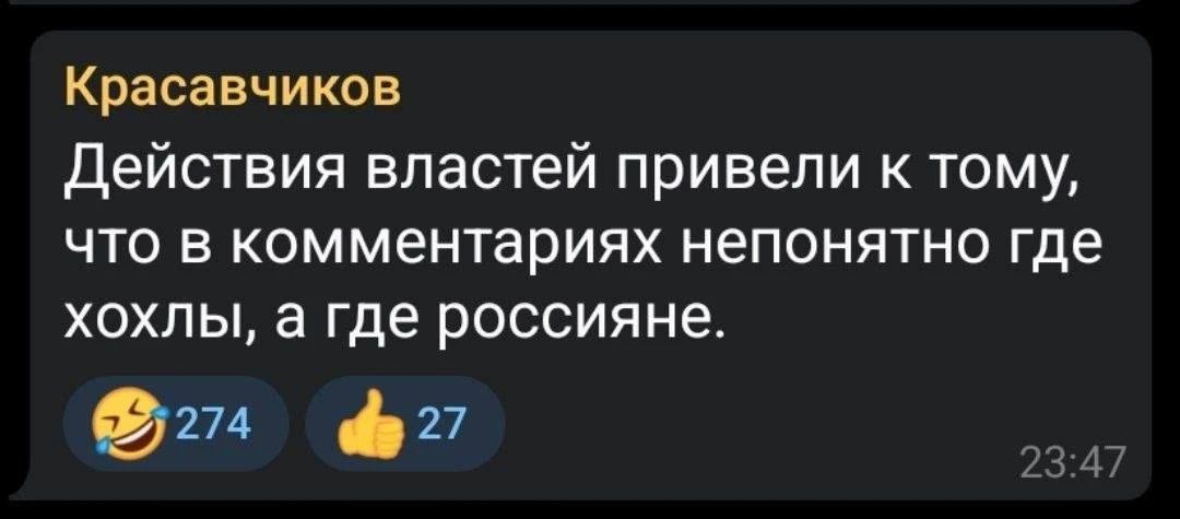 Красавчиков Действия властей привели к тому, что в комментариях непонятно где хохлы, а где россияне.