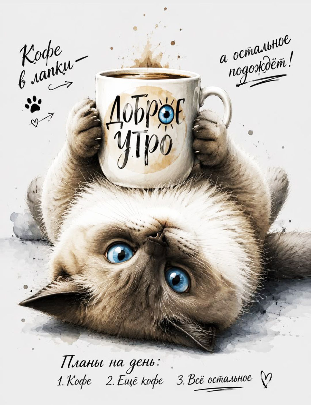 Кофе в лапки — а остальное подождёт! Доброе утро. Планы на день: 1. Кофе 2. Ещё кофе 3. Всё остальное