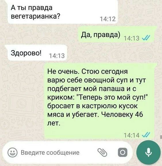 А ты правда вегетарианка? Да, правда) Здорово! Не очень. Стою сегодня варю себе овощной суп и тут подбегает мой папаша и с криком: 