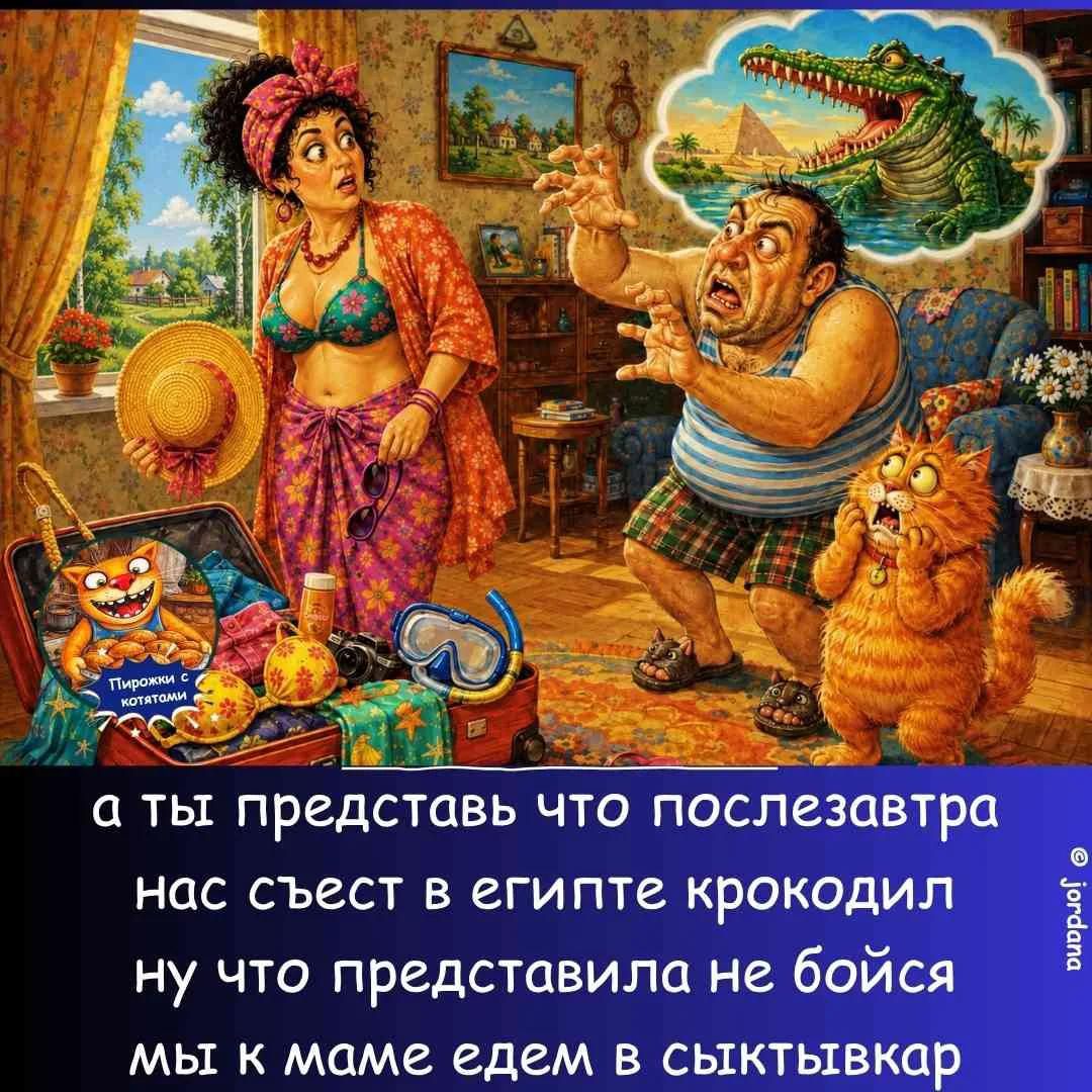 Пирожки с котятами. А ты представь, что послезавтра нас съест в Египте крокодил. Ну что, представила? Не бойся, мы к маме едем в Сыктывкар.