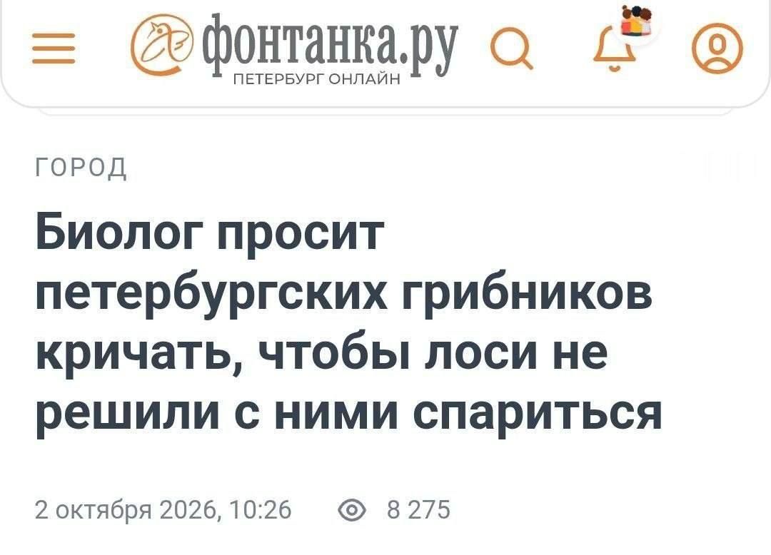 город Биолог просит петербургских грибников кричать, чтобы лоси не решили с ними спариться фонтанка.ру ПЕТЕРБУРГ ОНЛАЙН 2 октября 2026, 10:26 8 275