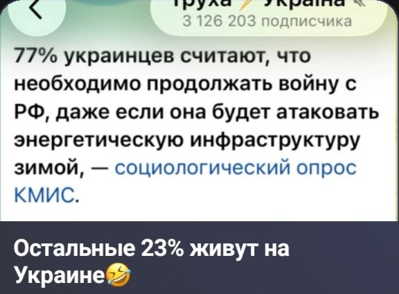 Труха Украина 3 126 203 подписчика 77% украинцев считают, что необходимо продолжать войну с РФ, даже если она будет атаковать энергетическую инфраструктуру зимой, — социологический опрос КМИС. Остальные 23% живут на Украине