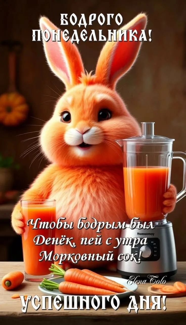 БОДРОГО ПОНЕДЕЛЬНИКА! Чтобы бодрым был Денёк, пей с утра Морковный сок! УСПЕШНОГО ДНЯ!