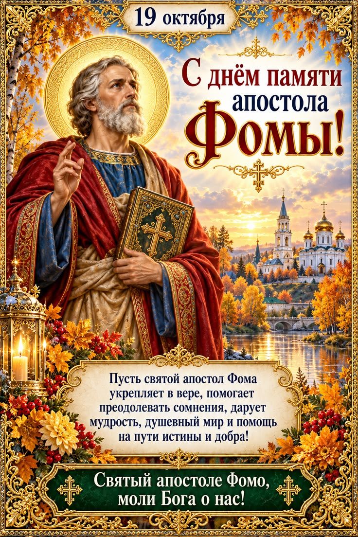 19 октября С днём памяти апостола Фомы! Пусть святой апостол Фома укрепляет в вере, помогает преодолевать сомнения, дарует мудрость, душевный мир и помощь на пути истины и добра! Святый апостоле Фомо, моли Бога о нас!