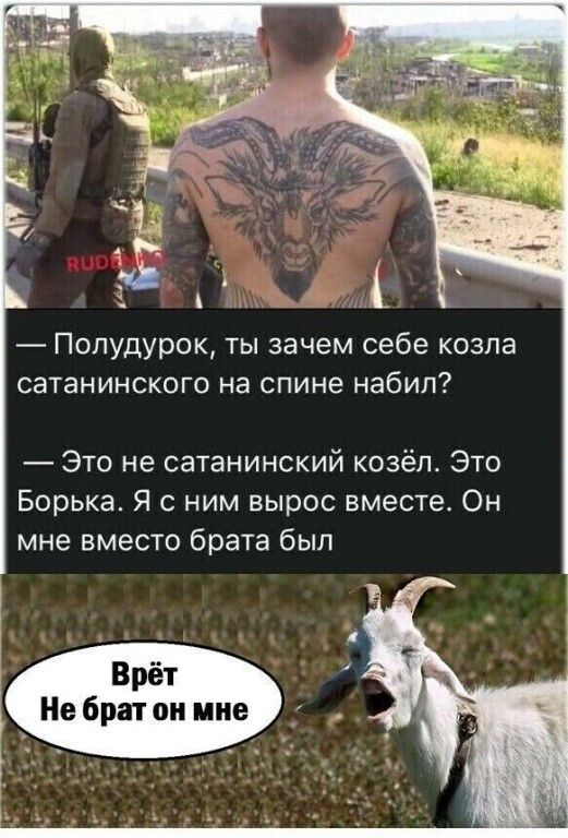Полудурок, ты зачем себе козла сатанинского на спине набил? — Это не сатанинский козёл. Это Борька. Я с ним вырос вместе. Он мне вместо брата был. Врёт. Не брат он мне