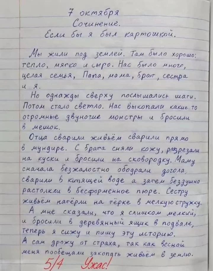 7 октября Сочинение. Если бы я был картошкой. Мы жили под землей. Там было хорошо: тепло, мягко и сыро. Нас было много, целая семья, Папа, мама, брат, сестра и я. Но однажды сверху послышались шаги. Потом стало светло. Нас выкопали какие то огромные двуногие монстры и бросили в мешок. Отца сварили живьём сварили прямо в мундире. С брата сняли