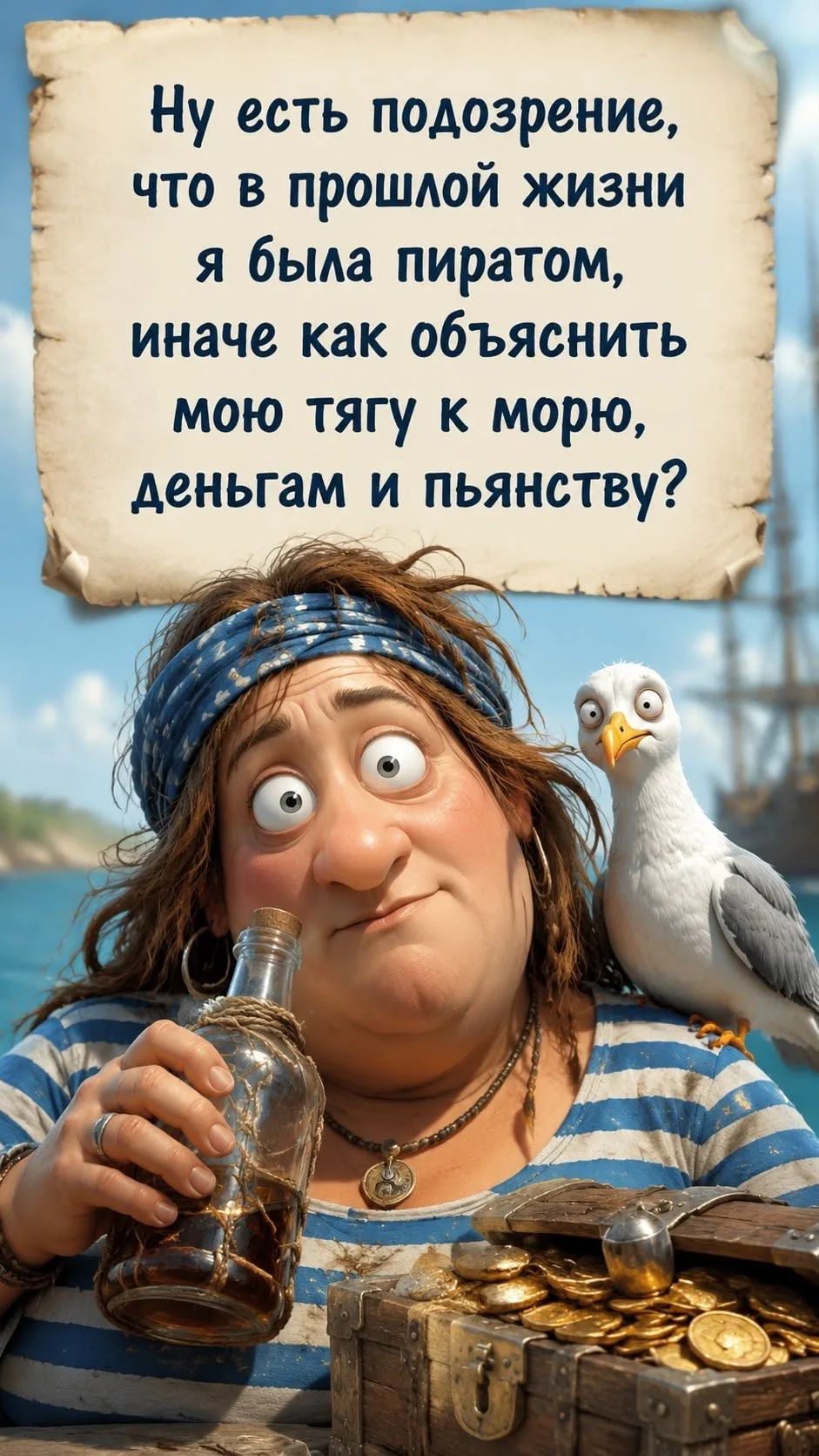 Ну есть подозрение, что в прошлой жизни я была пиратом, иначе как объяснить мою тягу к морю, деньгам и пьянству?