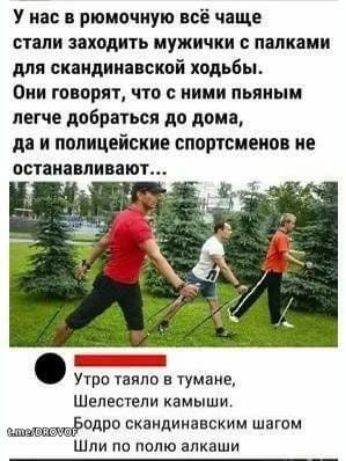 У нас в рюмочную всё чаще стали заходить мужички с палками для скандинавской ходьбы. Они говорят, что с ними пьяным легче добраться до дома, да и полицейские спортсменов не останавливают... Утро таяло в тумане, Шелестели камыши. Бодро скандинавским шагом Шли по полю алкаши
