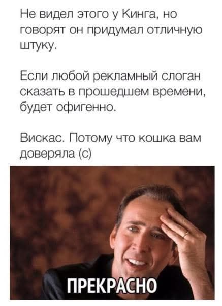 Не видел этого у Кинга, но говорят он придумал отличную штуку. Если любой рекламный слоган сказать в прошедшем времени, будет офигенно. Вискас. Потому что кошка вам доверяла (с) ПРЕКРАСНО