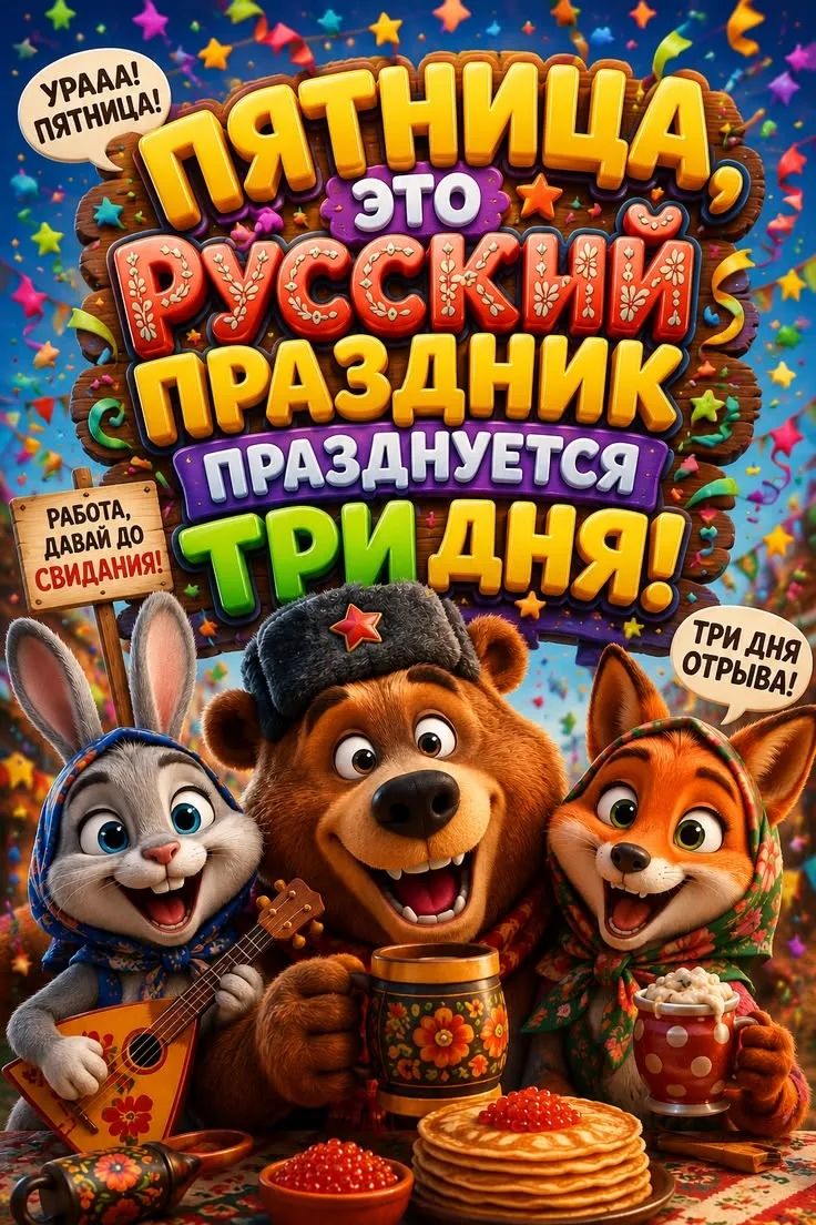 УРААА! ПЯТНИЦА! ПЯТНИЦА ЭТО РУССКИЙ ПРАЗДНИК ПРАЗДНУЕТСЯ ТРИ ДНЯ! РАБОТА, ДАВАЙ ДО СВИДАНИЯ! ТРИ ДНЯ ОТРЫВА!