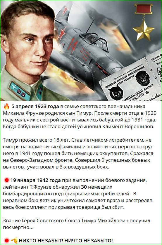 5 апреля 1923 года в семье советского военачальника Михаила Фрунзе родился сын Тимур. После смерти отца в 1925 году мальчик с сестрой воспитывались бабушкой до 1931 года. Когда бабушки не стало детей усыновил Климент Ворошилов. Тимур прожил всего 18 лет. Став летчиком-истребителем, несмотря на знаменитые фамилии и знаменитых персон вокруг него в