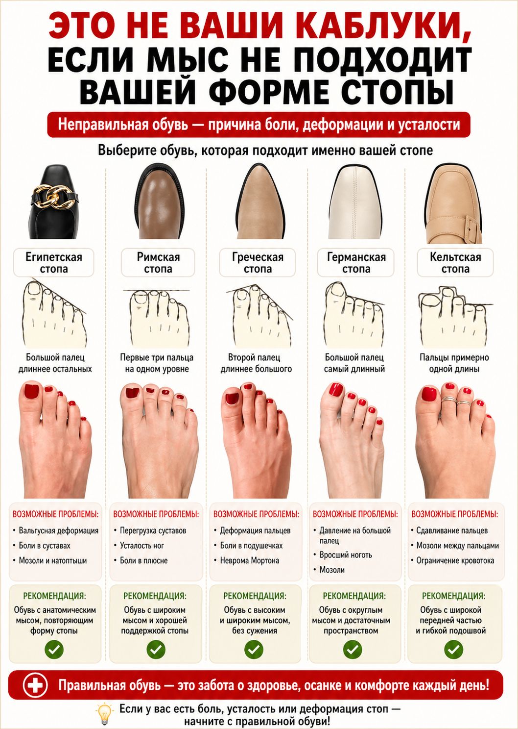 ЭТО НЕ ВАШИ КАБЛУКИ, ЕСЛИ МЫС НЕ ПОДХОДИТ ВАШЕЙ ФОРМЕ СТОПЫ. Неправильная обувь — причина боли, деформации и усталости. Выберите обувь, которая подходит именно вашей стопе. Египетская стопа: Большой палец длиннее остальных. Возможные проблемы: Вальгусная деформация, Боли в суставах, Мозоли и натоптыши. Рекомендация: Обувь с анатомическим мысом,