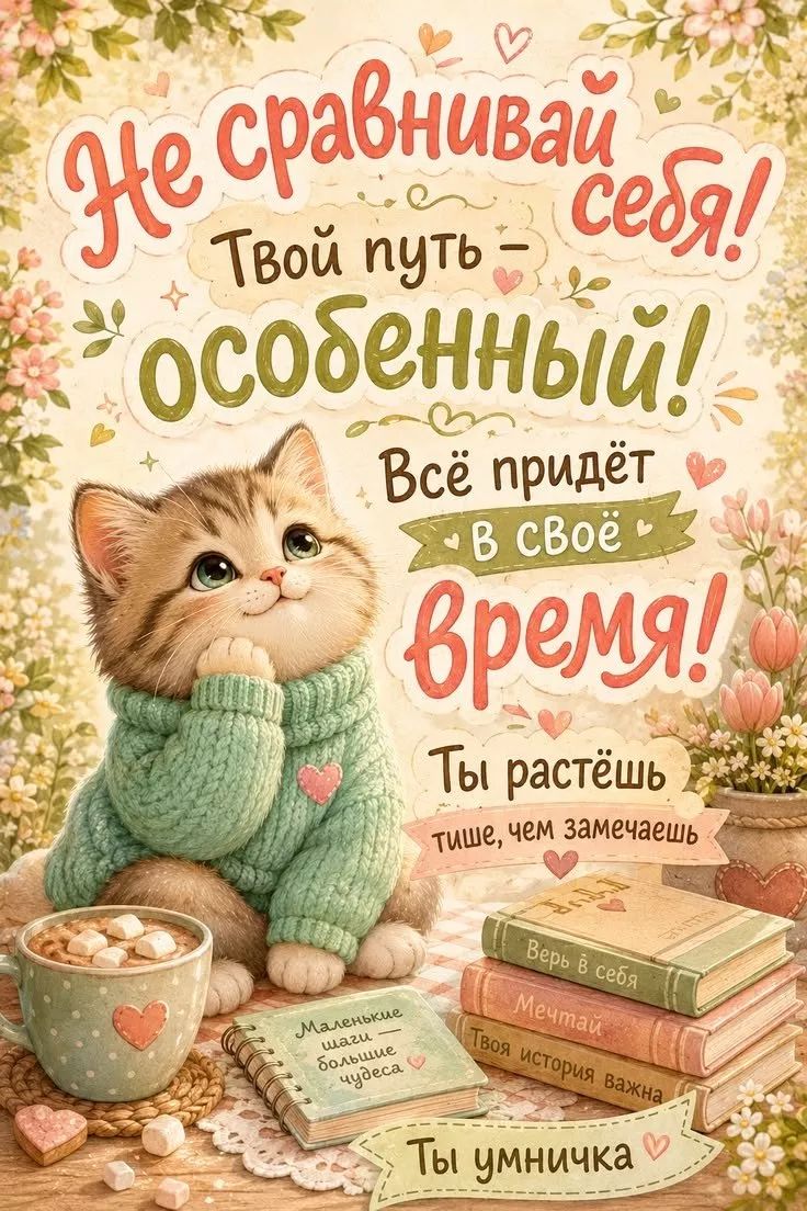 Не сравнивай себя! Твой путь — особенный! Всё придёт в своё время! Ты растёшь тише, чем замечаешь. Маленькие шаги — большие чудеса. Верь в себя. Мечтай. Твоя история важна. Ты умничка.