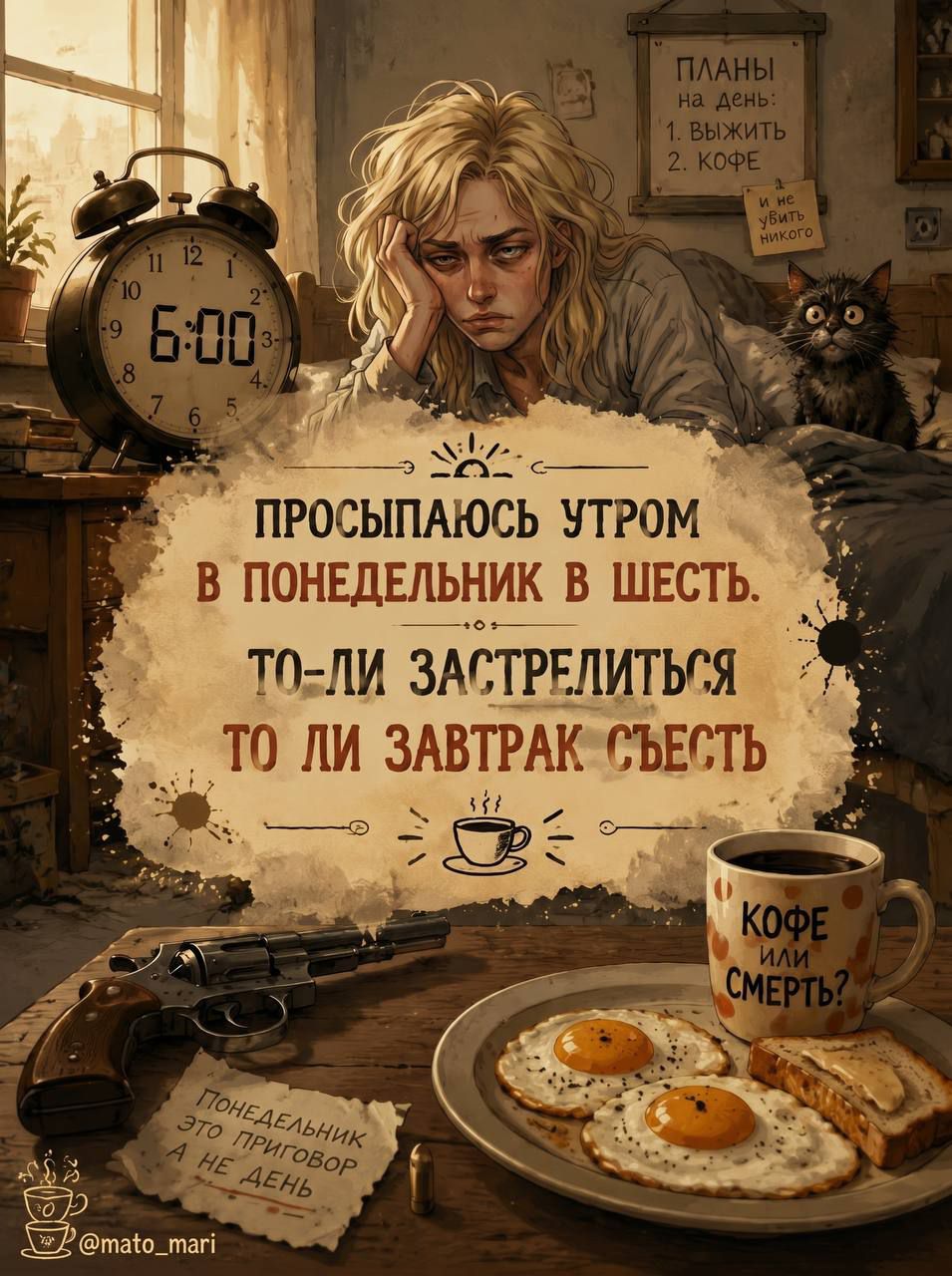 ПЛАНЫ на день: 1. ВЫЖИТЬ 2. КОФЕ и не убить никого. 6:00. ПРОСЫПАЮСЬ УТРОМ В ПОНЕДЕЛЬНИК В ШЕСТЬ. ТО-ЛИ ЗАСТРЕЛИТЬСЯ ТО ЛИ ЗАВТРАК СЪЕСТЬ. КОФЕ ИЛИ СМЕРТЬ? Понедельник это приговор а не день. @mato_mari