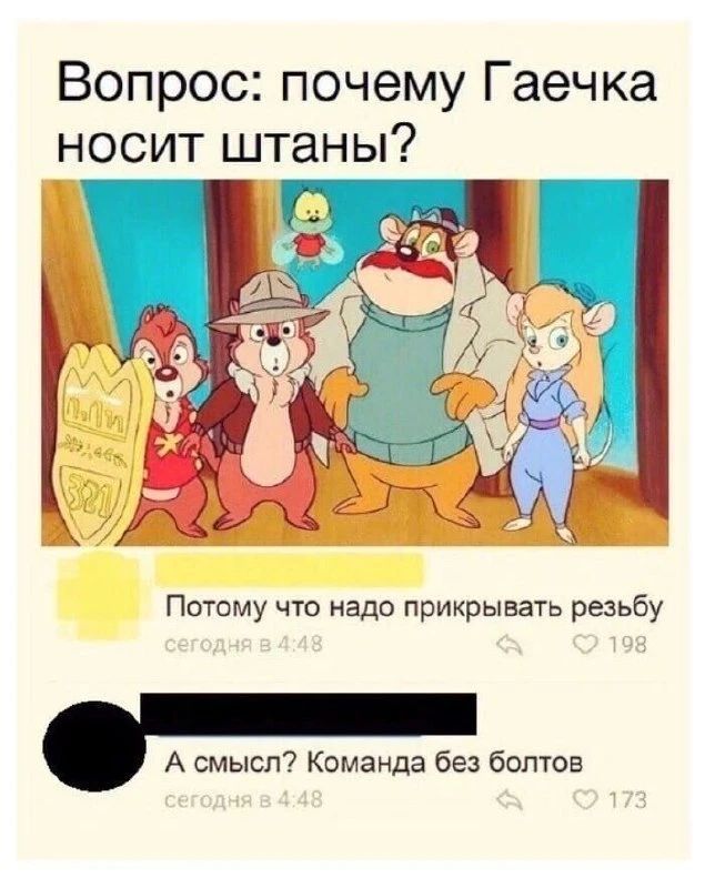 Вопрос: почему Гаечка носит штаны? Потому что надо прикрывать резьбу. А смысл? Команда без болтов.