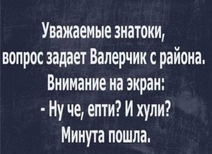 Уважаемые знатоки, вопрос задает Валерчик с района. Внимание на экран: - Ну че, епти? И хули? Минута пошла.