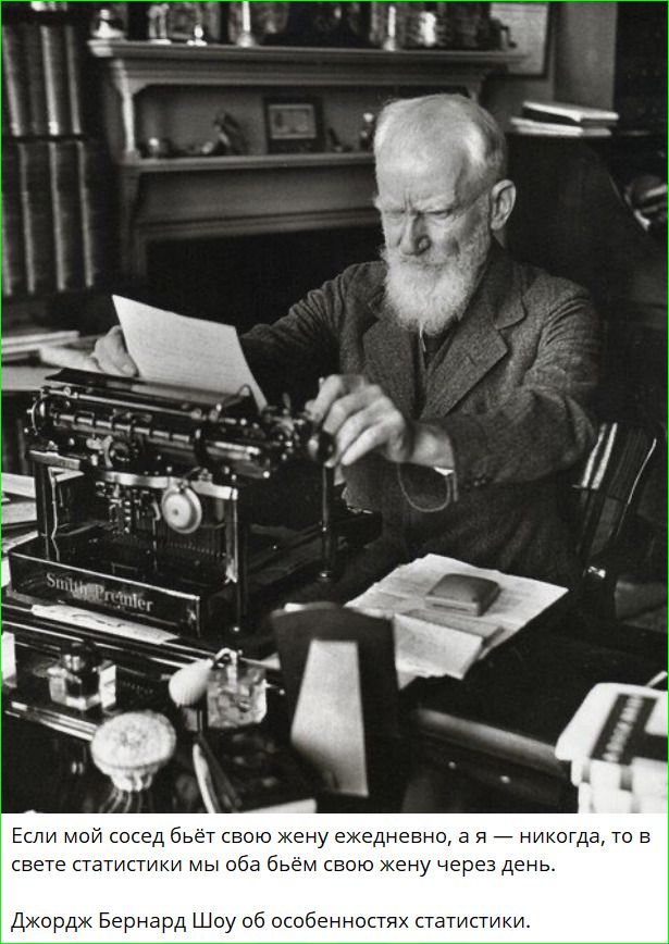 Если мой сосед бьёт свою жену ежедневно, а я — никогда, то в свете статистики мы оба бьём свою жену через день. Джордж Бернард Шоу об особенностях статистики.