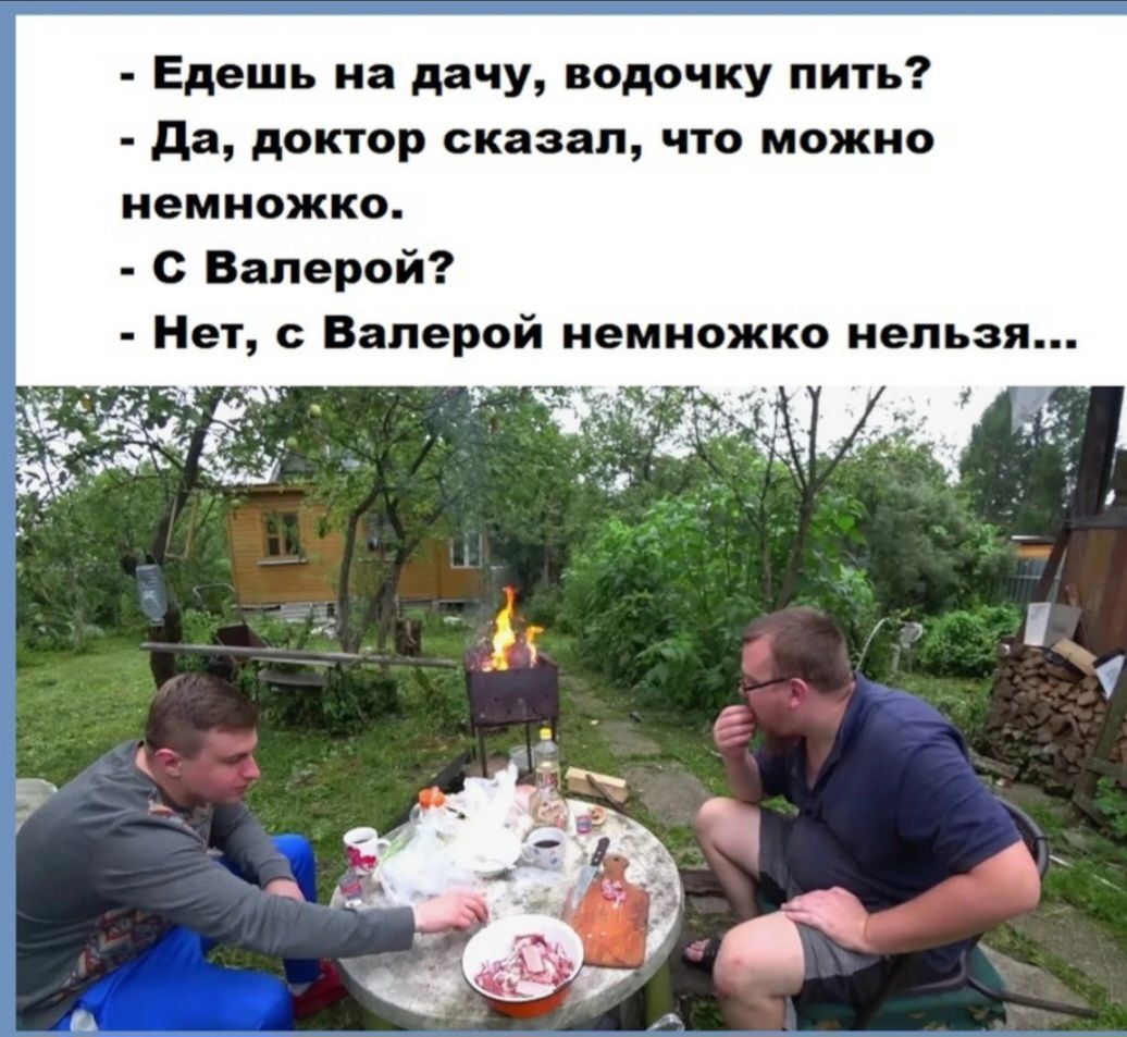 Едешь на дачу, водочку пить? Да, доктор сказал, что можно немножко. С Валерой? Нет, с Валерой немножко нельзя...