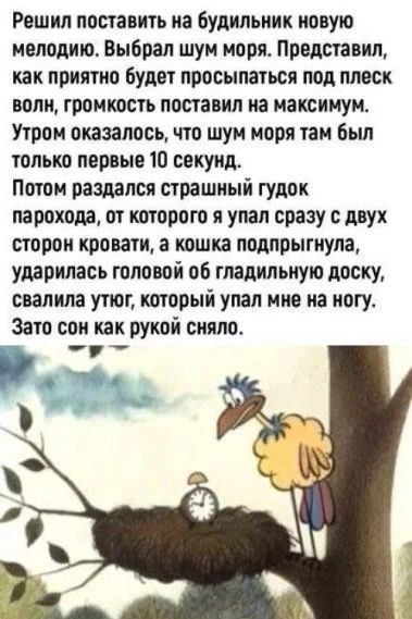 Решил поставить на будильник новую мелодию. Выбрал шум моря. Представил, как приятно будет просыпаться под плеск волн, громкость поставил на максимум. Утром оказалось, что шум моря там был только первые 10 секунд. Потом раздался страшный гудок парохода, от которого я упал сразу с двух сторон кровати, а кошка подпрыгнула, ударилась головой об