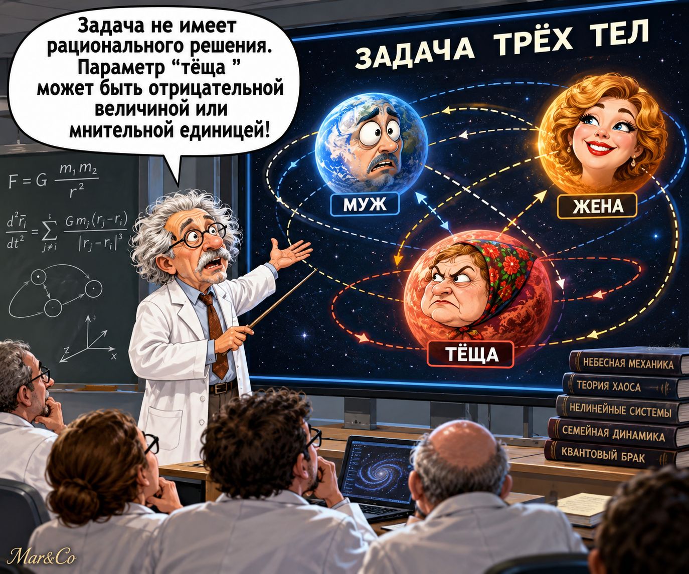 ЗАДАЧА ТРЁХ ТЕЛ. МУЖ, ЖЕНА, ТЁЩА. Задача не имеет рационального решения. Параметр тёща может быть отрицательной величиной или мнимой единицей!