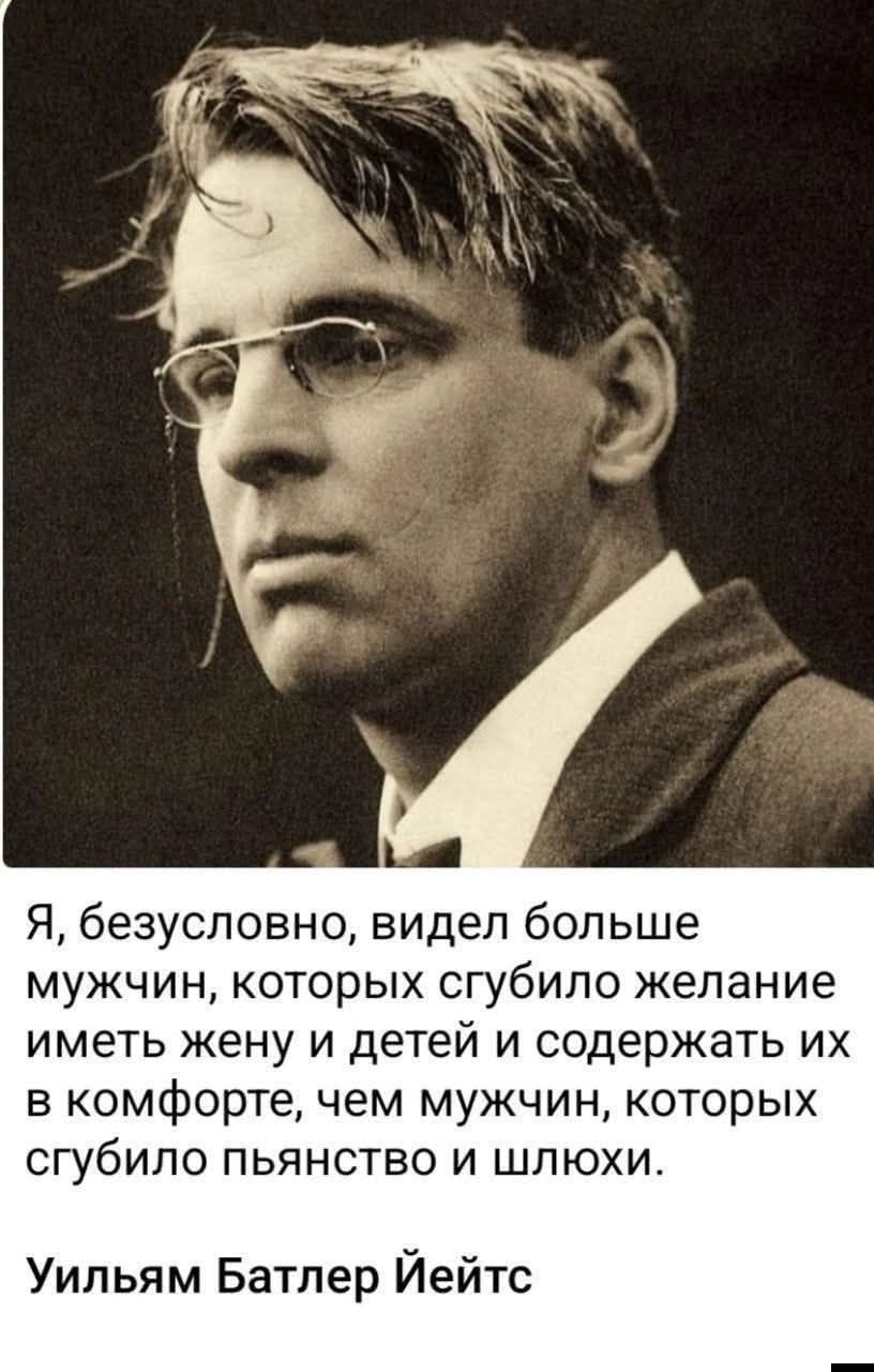 Я, безусловно, видел больше мужчин, которых сгубило желание иметь жену и детей и содержать их в комфорте, чем мужчин, которых сгубило пьянство и шлюхи. Уильям Батлер Йейтс
