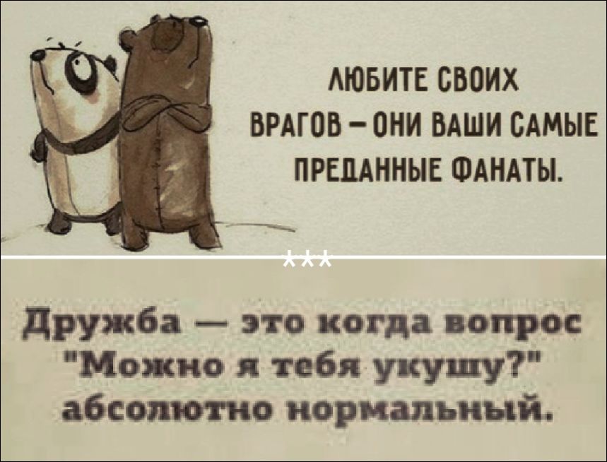 ЛЮБИТЕ СВОИХ ВРАГОВ – ОНИ ВАШИ САМЫЕ ПРЕДАННЫЕ ФАНАТЫ. *** Дружба — это когда вопрос 