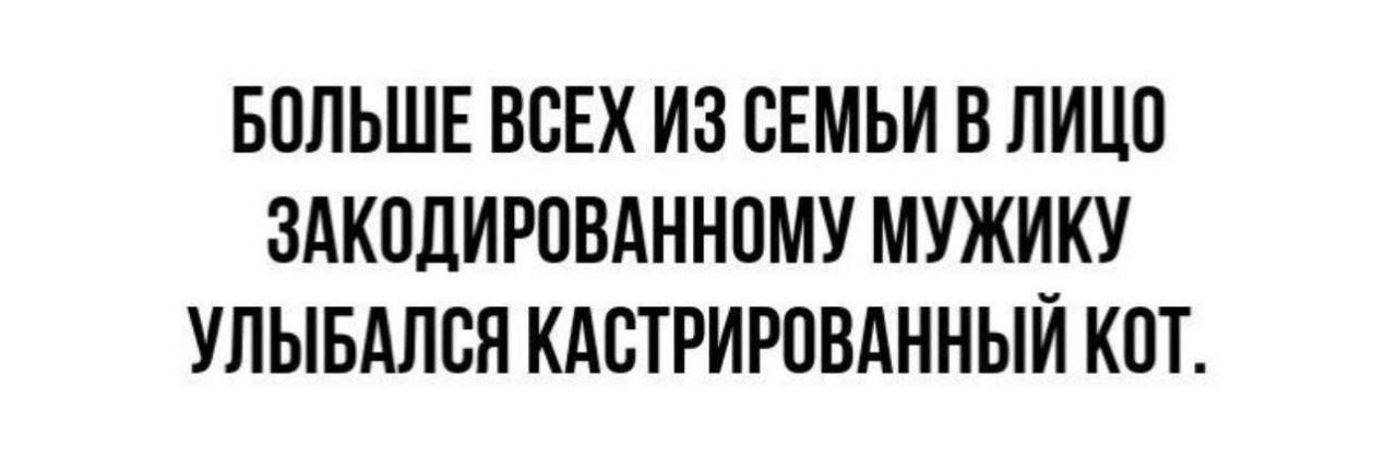 БОЛЬШЕ ВСЕХ ИЗ СЕМЬИ В ЛИЦО ЗАКОДИРОВАННОМУ МУЖИКУ УЛЫБАЛСЯ КАСТРИРОВАННЫЙ КОТ.
