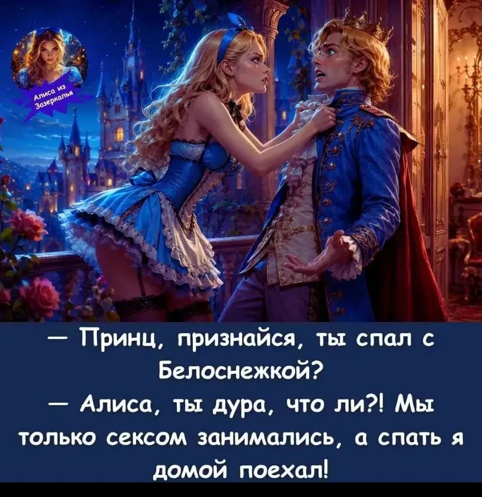 Алиса из Зазеркалья. — Принц, признайся, ты спал с Белоснежкой? — Алиса, ты дура, что ли?! Мы только сексом занимались, а спать я домой поехал!