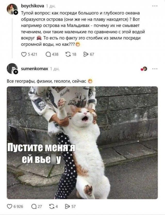 Тупой вопрос: как посреди большого и глубокого океана образуются острова (они же не на плаву находятся )? Вот например острова на Мальдивах - почему их не смывает течением, они такие маленькие по сравнению с этой водой вокруг То есть по факту это столбик из земли посреди огромной воды, но как??? Все географы, физики, геологи, сейчас Пустите меня я