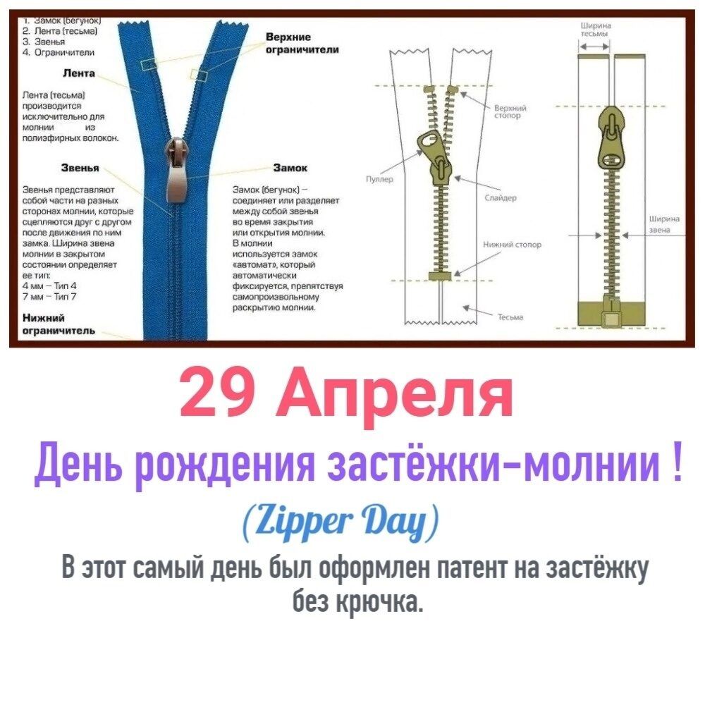 1. Замок (бегунок) 2. Лента (тесьма) 3. Звенья 4. Ограничители. Лента (тесьма) производится исключительно для молнии из полиэфирных волокон. Звенья представляют собой части на разных сторонах молнии, которые сцепляются друг с другом после движения по ним замка. Ширина звена молнии в закрытом состоянии определяет ее тип: 4 мм – Тип 4, 7 мм – Тип 7.