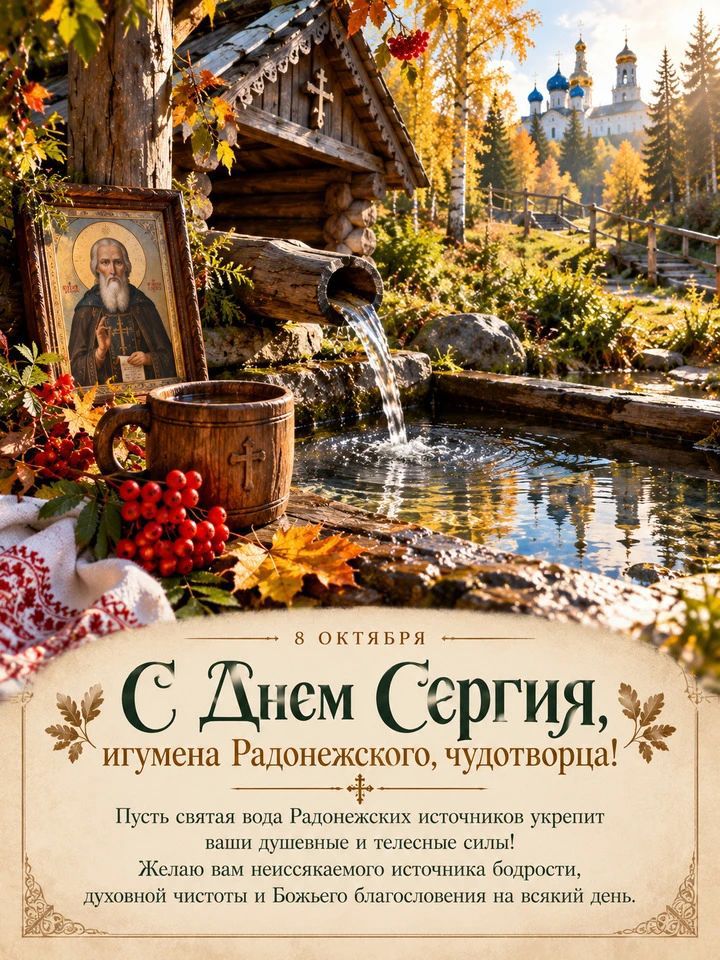 8 октября С Днем Сергия, игумена Радонежского, чудотворца! Пусть святая вода Радонежских источников укрепит ваши душевные и телесные силы! Желаю вам неисчерпаемого источника бодрости, духовной чистоты и Божьего благословения на всякий день.
