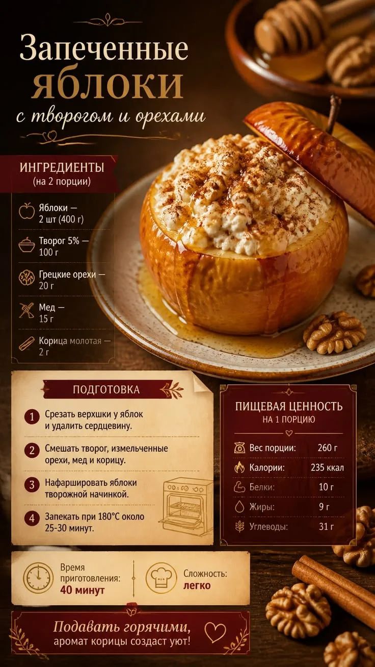 Запеченные яблоки с творогом и орехами. Ингредиенты (на 2 порции): Яблоки - 2 шт (400 г), Творог 5% - 100 г, Грецкие орехи - 20 г, Мед - 15 г, Корица молотая - 2 г. Подготовка: 1. Срезать верхушки у яблок и удалить сердцевину. 2. Смешать творог, измельченные орехи, мед и корицу. 3. Нафаршировать яблоки творожной начинкой. 4. Запекать при 180°С