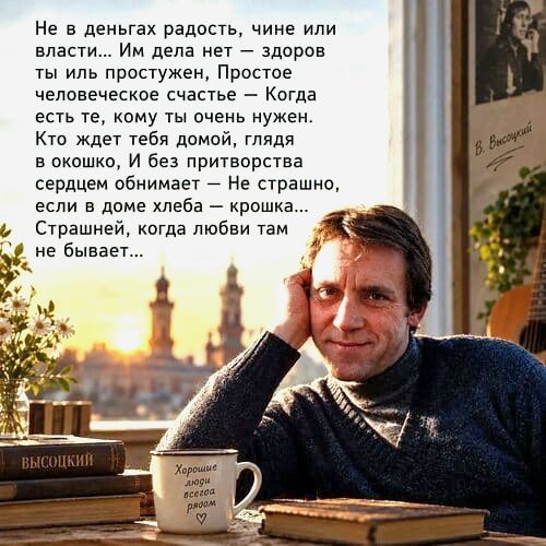 Не в деньгах радость, чине или власти... Им дела нет — здоров ты иль простужен, Простое человеческое счастье — Когда есть те, кому ты очень нужен. Кто ждет тебя домой, глядя в окошко, И без притворства сердцем обнимает — Не страшно, если в доме хлеба — крошка... Страшней, когда любви там не бывает...