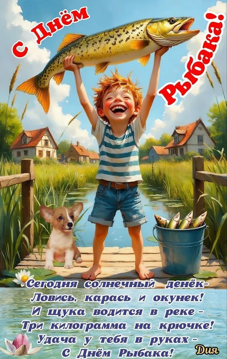 С Днём Рыбака! Сегодня солнечный денёк - Ловись, карась и окунек! И щука водится в реке - Три килограмма на крючке! Удача у тебя в руках - С Днём Рыбака!
